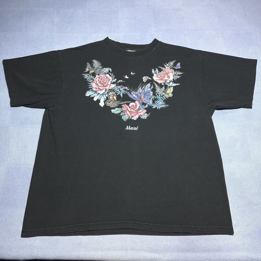 Vintage‎ 1990s Maui Hawaii Pink Roses And Butterflies Black T-Shirt Size XL